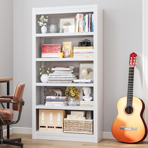 Image of 69 inch Metal Bookshelf and Bookcase | 5-Tier Adjustable Shelves, Deep Modern Storage Shelf for Living Room, Office, Bedroom, White