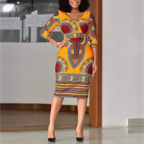 VERWIN Mid-Calf V Neck Three Quarter Sleeve Print Women's Bodycon Dress African Midi Dress L by VERWIN - Used condition - Image 2