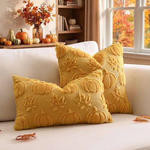 OTOSTAR Fall Pillow Cover Set of 1 Autumn Pumpkin Maple Leaves Throw Pillow Covers for Sofa Couch Bed Living Room Soft Plush Short Wool Velvet Farmhouse Pillowcase for Party Gold 12x20 Inch - Image 6