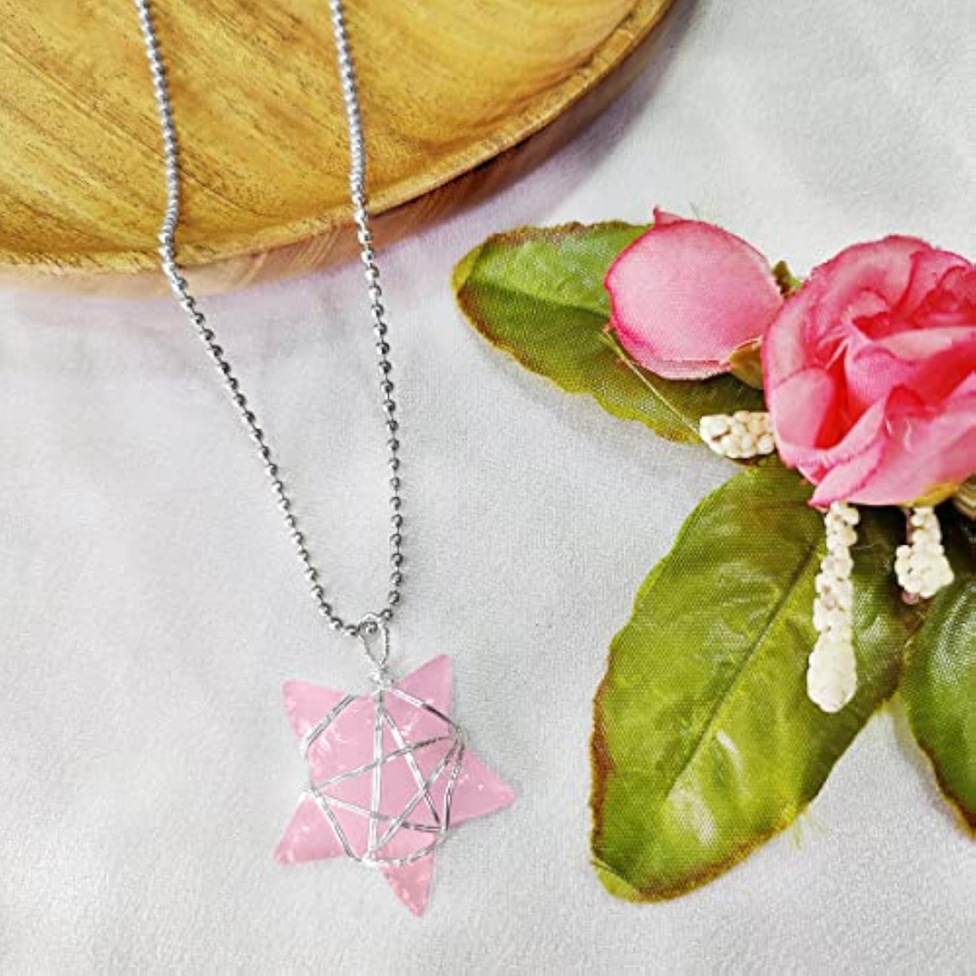 Rose Quartz Star Pendant with Chain, Natural Crystal Locket