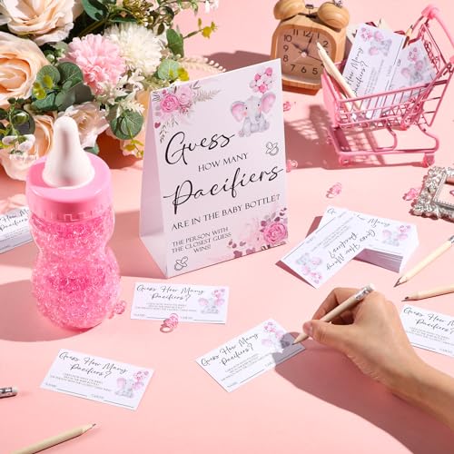 Image of Roowest 512 Pcs Baby Shower Games Guess How Many Pacifiers Sign 100 Small Guessing Games 10 HB Pencils 750ml Milk Bottle 400 Acrylic Pacifiers Decoration for Guest Gender Reveal(Pink,Elephant)