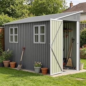 DRIXNO Gartenhaus mit Pultdach, Geräteschuppen 291x110.8x188.6 cm, Gartenhaus, Garten Schuppen, Metallschuppen mit Boden-Kit, Anlehn-Design, 2 Fenstern, für Outdoor-Geräteschuppen, Grau
