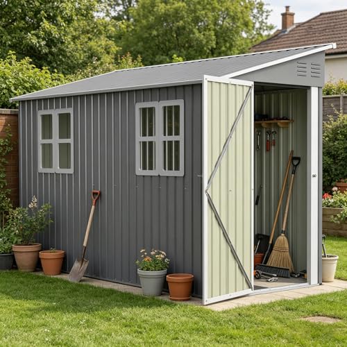 DRIXNO Gartenhaus mit Pultdach, Geräteschuppen 291x110.8x188.6 cm, Gartenhaus, Garten Schuppen, Metallschuppen mit Boden-Kit, Anlehn-Design, 2 Fenstern, für Outdoor-Geräteschuppen, Grau