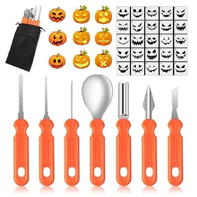 Kit Calabaza Halloween Decoracion 7Pcs Pumpkin Carving Kit 24Pcs Plantillas Halloween De Tallado Con Bolsa Juego De Herramientas Para Tallar Calabazas Para Adultos Niños | Ya disponible en tu tienda friki favorita! En mundofriki.es!