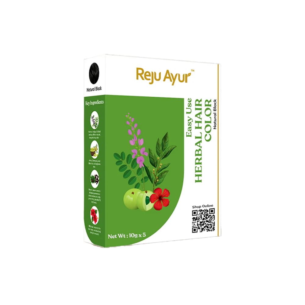 Reju Ayur Herbal Hair Colour Powder, Easy to Use, Natural Black, Net Wt: 20g x 2