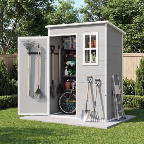 Image of Aoxun 5x3 FT Plastic Shed with Floor Included, All-Weather Resin Garden Storage Shed, Waterproof Sheds and Outdoor Storage with Window & Roof Drainage, Zero Maintenance for Backyard Garden Bike-Grey