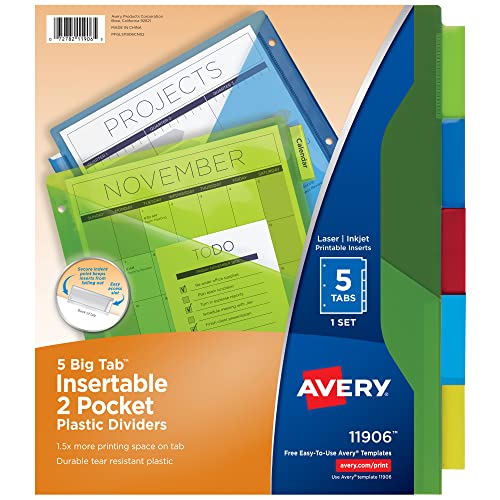 Intercalaires en plastique Avery Big Tab 11906 à deux poches et 5 onglets multicolores