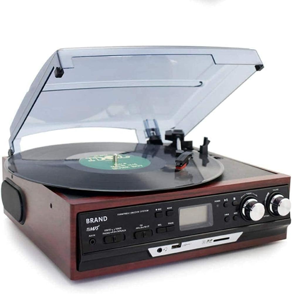 Plattenspieler im klassischen Stil, Vintage-Stil, mit AM/FM-Radio, Kassette, CD-Player, 2 separate Stereo-Lautsprecher, Radio