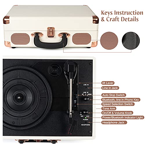 Image of Turntable Vinyl Record Player 3-Speed Suitcase Portable Belt-Driven Record Player with Built-in Speakers RCA Line Out AUX in Headphone Jack Vintage White