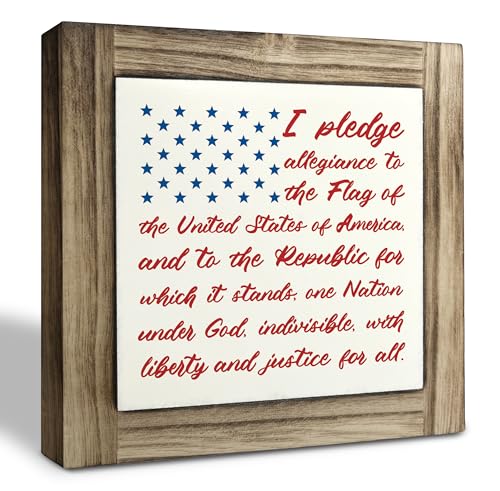Americana Decor Wooden Sign Patriotic American Flag Pledge of Allegiance Plaque 4th of July Decorations Indoor Memorial Day Home Decor Rustic USA Wall Art Gift