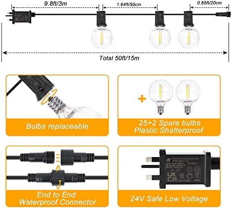 DSLebeen Festoon Lights Outdoor 50ft, Garden String Lights Mains Powered 25+2 Plastic G40 LED Globe Bulb Lights 2700K Connectable Decorative Lighting for Indoor Outdoor Garden, Gazebo, Pergola