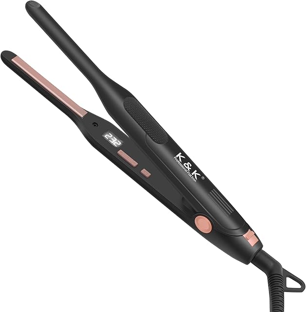 K&K Upgrade Pencil Straighteners for Short Hair, Mini Straight and Curler Hair Straightener Thin Ceramic Floating Plate Auto Shut Off Flat Iron for Women Short Hair Men Beard 0.3 Inch