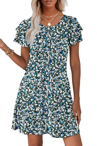 Hount Floral Print Dresses for Women Wedding Summer Casual Short Dress with Pockets Blue Flower S