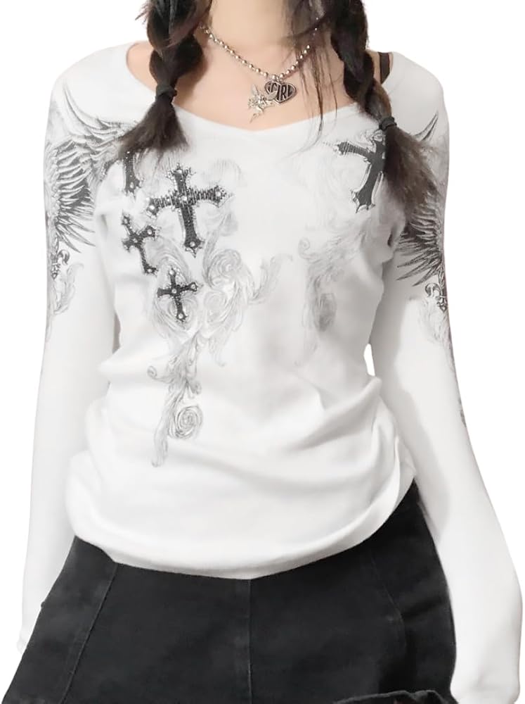 Amazon | [NAMEOF] Vネック 長袖 Tシャツ Y2K フェアリーグランジ