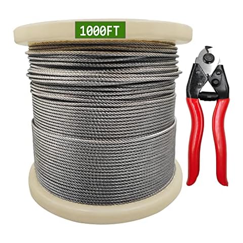 1000FT 1/8" T316 Stainless Steel Wire, Stainless Steel Aircraft Cable for Deck Cable Railing Kit 7x7 Strands Construction, Come with a Cutter Cover