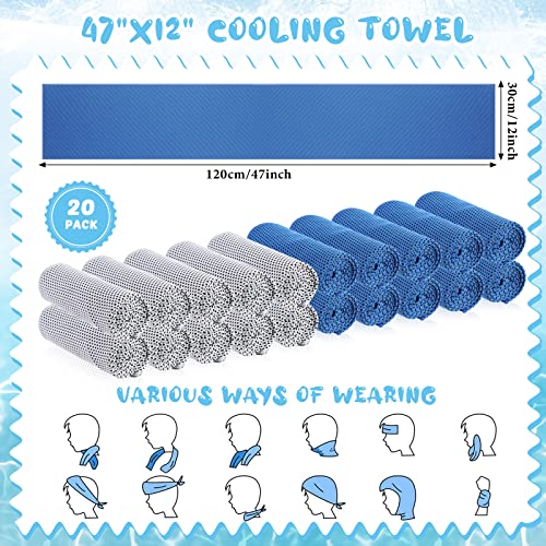 20 Pcs Cooling Towel 47 X 12 Inch Ice Towel For Neck, Microfiber Cool Towel, Breathable Soft Chilly Towel For Yoga, Sports, Golf, Gym, Camping, Running, Fitness, Workout (Light Gray, Royal Blue) #TOP1