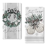 Seliem Winter Wreath Glove Kitchen Dish Towels Set of 2, Get Cozy Berry Buffalo Plaid Bow Snowflake Hand Towels Drying Baking Cooking Cloth, Christmas Holiday Farmhouse Home Kitchen Decor 18x26 Inch