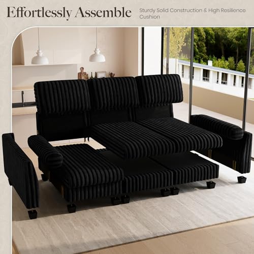 Image of Belffin Modular Sectional Sleeper Sofa Bed with Extendable Length Corduroy Couch Deep Seat Cloud Couch for Living Room. Black Convertible Sectional Sofa Bed