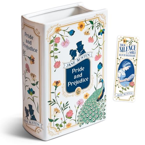 H&H Pride and Prejudice Book Vase for Flowers + Bookmark - Large Ceramic Book Planter Pot - Jane Austen Bookish Decor - Pride and Prejudice Gifts - Bookshelf Vase for Flowers - 2025 Edition