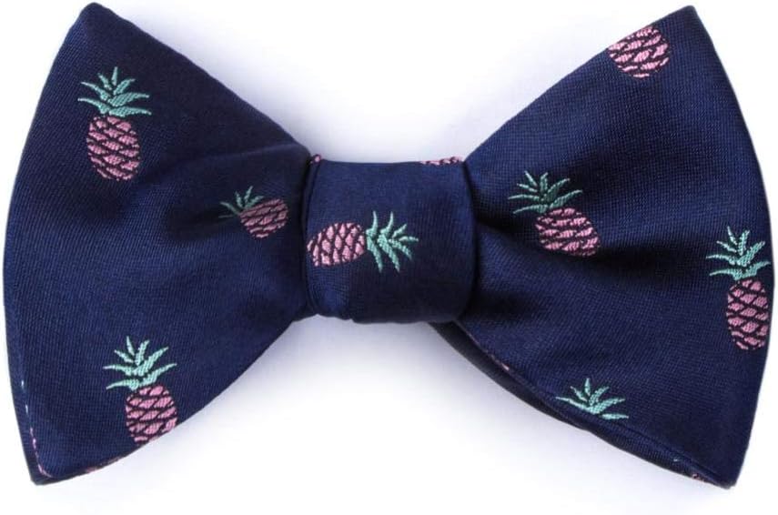 Men's 100% Silk Navy Blue Tropical Island Pineapples Butterfly Self Tie Bow Tie