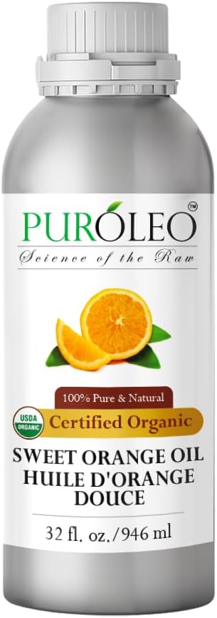 PUROLEO Organic Certified USDA Sweet Orange Essential Oil 32 Fl Oz/946 ML (Packed in Canada) – 100% Pure & Natural, Therapeutic Grade, Uplifting Citrus Aroma for Aromatherapy, Diffuser, Massage