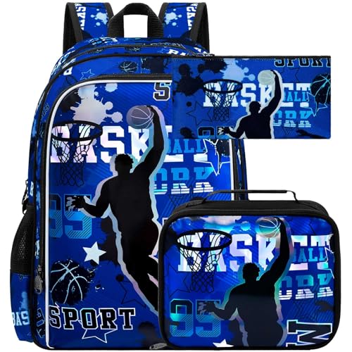gxtvo 3PCS Boys Basketball Backpack, 17" Kids Bookbag with Lunch Box, Water Resistant Middle Elementary Preschool School Bag by gxtvo - Used condition - US$20.05