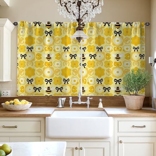 Rideaux de cuisine abeille jaune petit format 106x114 pour buanderie et évier
