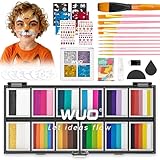 WUO Professional Face Painting Kit for Kids Adults, 12x10g+4 Colors Split Cake Palette with Stencils Sponge, Non-Toxic Water-Activated Rainbow Body Face Paint Makeup for Halloween Christmas Partie