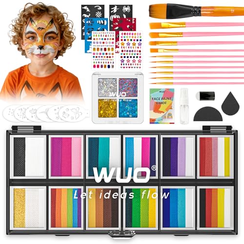 WUO Professional Face Painting Kit for Kids & Adults, 12x10g + 4 Colors Split Cake Palette with Stencils Sponge, Non-Toxic Water-Activated Rainbow Body Face Paint Makeup for Halloween Christmas