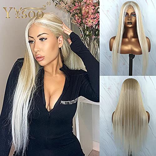 YYsoo Long 13x4 Lace Front Wig Baylayage Color Silk Straight Synthetic Futura Wigs with Natural Hairline Japan Kanekalon Fiber Blonde Highlight Wigs for Black Women