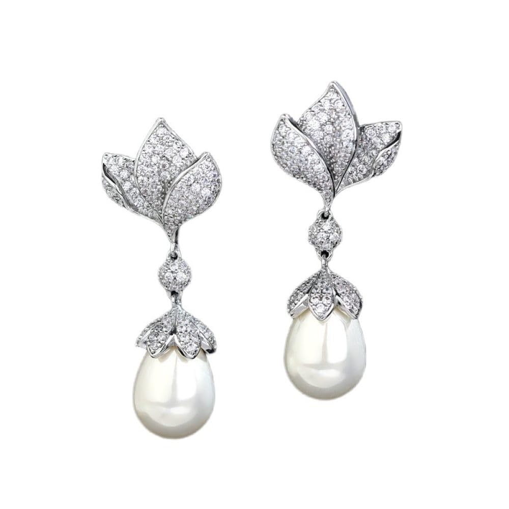 Orecchini Pendenti Magnolia Floreale – Zirconi Bianchi E Perle Imitazione – Aghi In Argento 925 Ipoallergenici