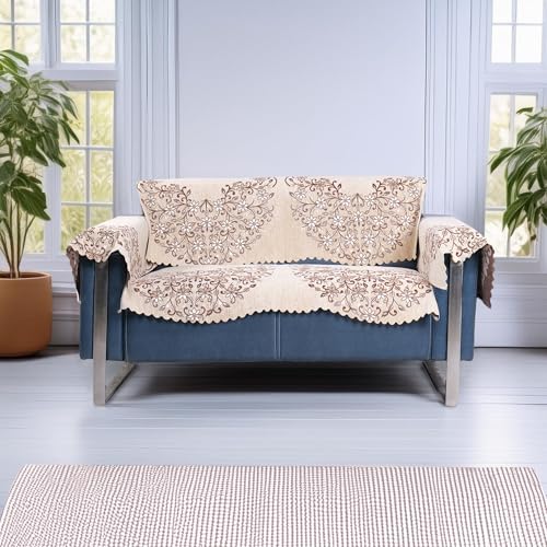 Image of Premium Chenille Woven Anti-Slip 2 Seater Sofa Cover with Arm Rest | L-Shape Sofa Seat Protector for Living Room | Durable & Stylish Slipcover - Beige - Phoolkari