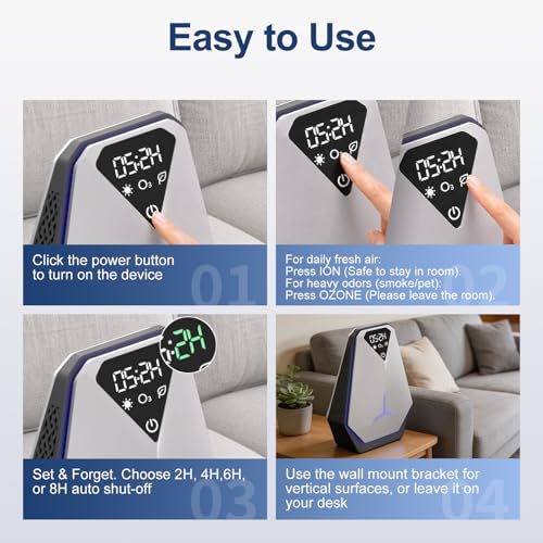 Mosnami Air Purifier for Home, Ozone Odor Eliminator, Rechargeable & Portable Air Ionizer, Tabletop & Wall Mount for Pet Odor Smoke, Timer, No Filters Needed — view 6