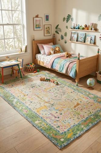 Hand-Tufted Wool & Viscose Area Rug (4x6 Ft) - Multi-Color Nature Inspired Design with Green Border, Luxury Soft Pile Carpet for Living Room, Bedroom, and Hallway