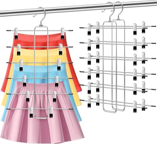 ABCHCHS Pants Hangers with Clips - Space Saving Hanging Closet Organizer and Storage - 6 Tiers Skirt Hangers with 360° Swivel Hook - Clothes Hangers- Dorm Apartment Essentials - 2 pack
