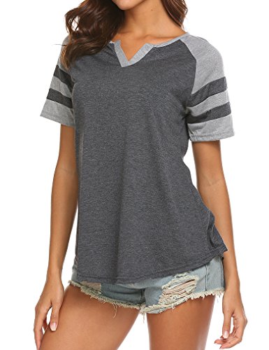 Locryz Women's Summer V Neck Raglan Short Sleeve Shirts Casual Blouses Baseball Tshirts Top XXL Deep Grey
