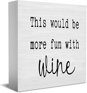 This Would Be More Fun With Wine. Farmhouse Style Happy Hour Wood Block Sign Desk Decor Rustic Inspirational Wooden Box Plaque Sign Desk Decor For Home Office Shelf Table Decorations 7x7 Inch