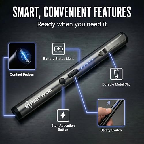 Streetwise Pain Pen 25,000,000 Volts Stun Gun for Self Protection - Tactical Stun Pen for Women and Men, USB Rechargeable, Battery Indicator, Durable Clip, Compact and Concealable for Protection