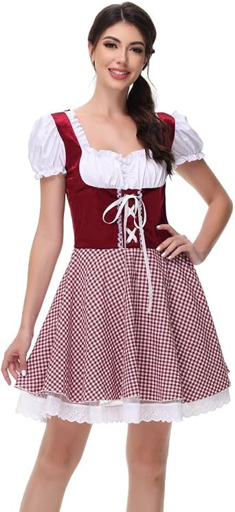 Womens Bavarian Dirndl Dress Costume - Traditional Germanic Outfit for Oktoberfest Carnival Halloween Costume