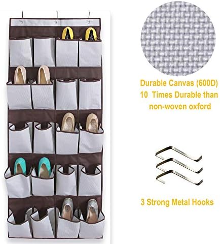 ITIDY Over-The-Door-Shoe-Organizer, Durable Canvas,20 X-Large Reinforced Pockets Shoe Storage, Space Saving Hanging Shoe Organizer Shoe Rack with Strong Metal Hooks,Light Gray with Brown Trim
