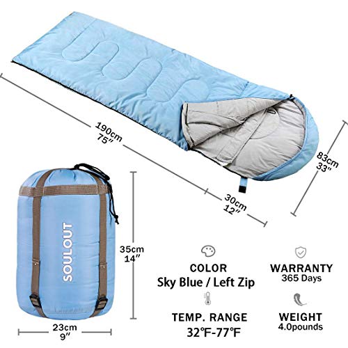 3-4 Season Sleeping Bag for Adults & Kids, Lightweight Warm Cold Weather Camping Bag with Waterproof Compression Sack – Portable for Hiking, Backpacking, Traveling & Outdoor Adventures (Sky Blue)