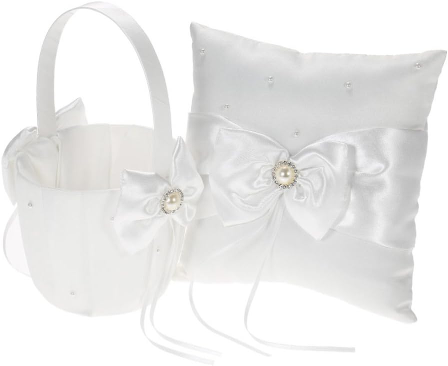 フラワー バスケット リングピロー付き ロマンチック 花かご 白 サテンちょう結び 花びら ラインストーン装飾 新商品 新型 ウェディング用品 結婚式 花童用 小物入り キャンデー
