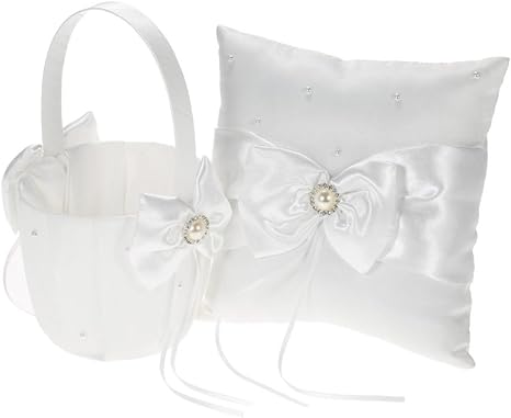 Amazon Co Jp フラワー バスケット リングピロー付き ロマンチック 花かご 白 サテンちょう結び ラインストーン装飾 花びら キャンデー 小物入り 結婚式 ウェディング用品 花童用 ジュエリー