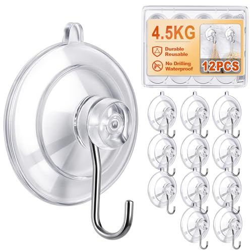 12-Pack Suction Hooks, 4.5 cm, 4.5 kg Load, Stainless Steel, Reusable & Removable, No-Drill, Waterproof & Steam-Proof, No Marks or Rust, for Bathroom and Kitchen
