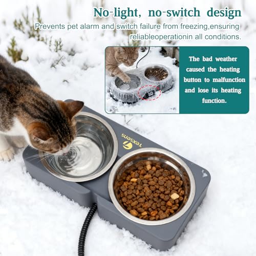 Beheizter Katzennapf für Haustiere im Freien – Doppelter Futternapf aus Edelstahl mit kaufester Schnur – vollständig wasserdichte Winter-Futterstation für Katzen und Hunde – je 575 ml