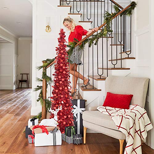 5Ft Pop Up Christmas Tinsel Tree With Stand，Macting Easy-Assembly Tinsel Coastal Glittery Christmas Tree For Holiday Xmas Decorations (Red) #TOP5