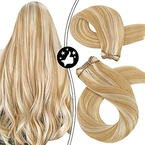 Moresoo Sew in Hair Extensions Real Human Hair #P14/613 Golden Blonde Highlight Platinum Blonde Remy Hair Extensions Weft 14 Inch Silky Straight Double Weft Weave Human Hair Extensions 100 Gram/Pack Cover