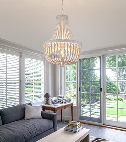 Q&S Beaded Chandelier Farmhouse White Wood Beaded Boho Light Fixture Vintage Antique 8 Lights For Dining Room Nursery Kitchen Foyer Bedroom Living Room Ul Listed #TOP6
