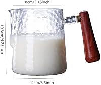 Vista 9 de Jarra de crema de vidrio martillado a mano engrosada con mango de madera, taza de espuma de leche de café de 17 onzas/16.9 fl oz, escala de medición
