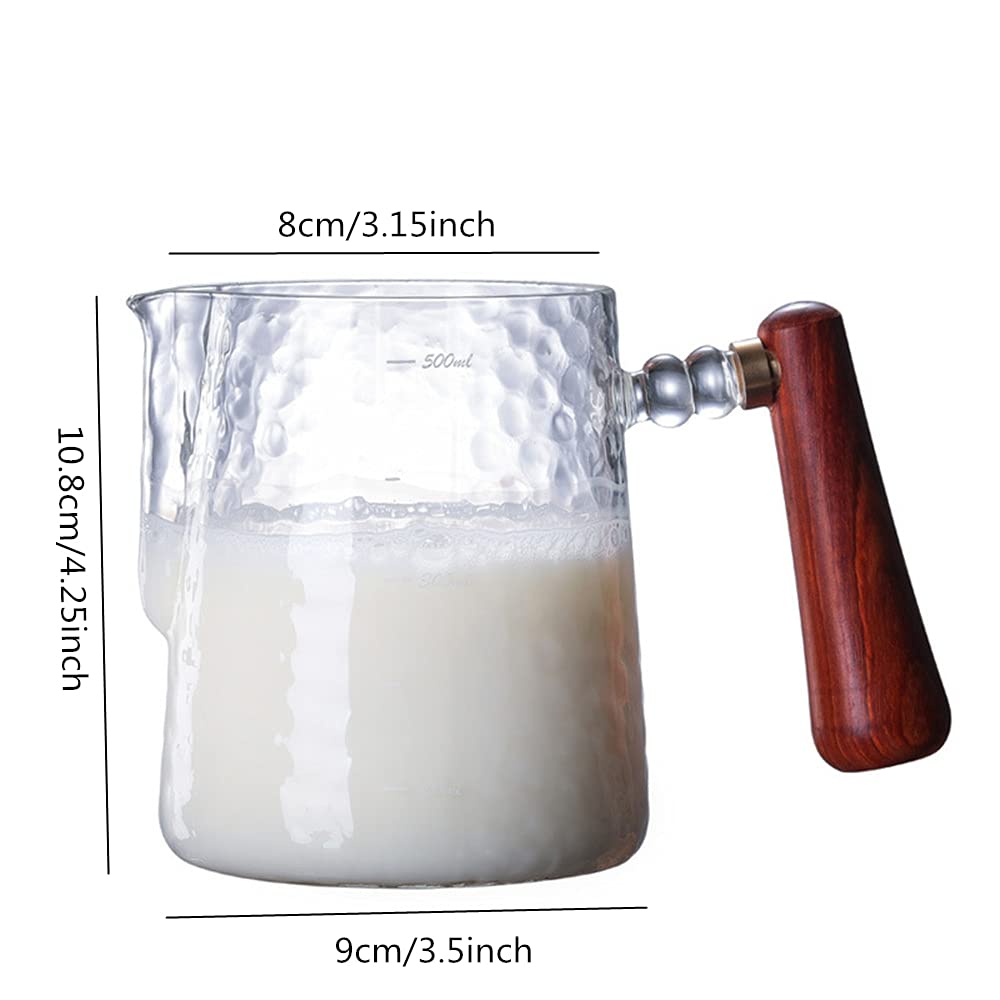 Thickened Hand Hammered Glass Creamer Pitcher with Wooden Handle 17Oz 500ML Coffee Milk Frothing Cup Clear Measuring Scale — view 9
